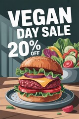 Vegan day sale offers 20 percent off on delicious plant-based burger and fresh salad options for a limited time