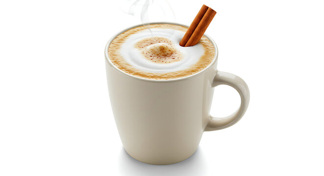 A steaming mug of maple latte topped with frothy milk and a cinnamon stick, isolated on a clean white background