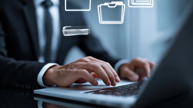 Professional Individual Typing on Laptop Surrounded by Digital Folder Icons Symbol of Data Management, Organization, and Technology in Professional Setting