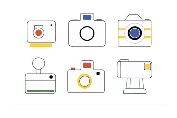 A collection of six stylized hand drawn illustrations of various vintage and modern cameras in a grid layout