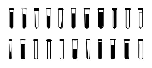 collection of glass test tubes filled with varying levels of dark liquid