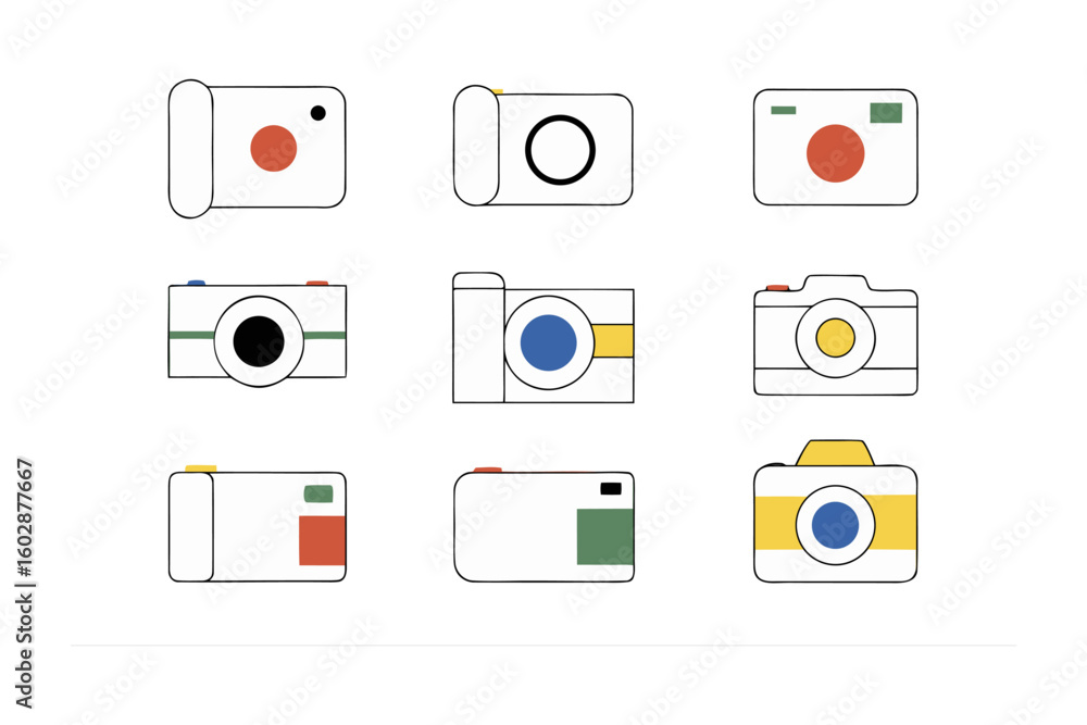 Poster a diverse collection of hand drawn camera icons showcasing various styles and designs in a grid layo