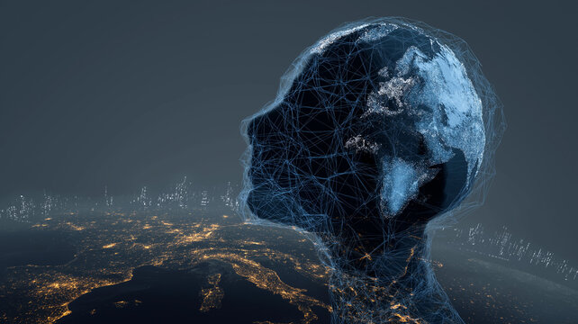 Digital human silhouette with network pattern overlays view of Earth from space, symbolizing global connectivity and technology. image conveys futuristic and interconnected world