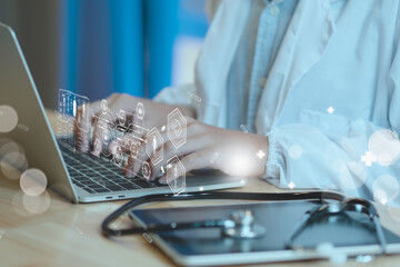 Doctor work report with digital healthcare with AI technology,system analysis network connection hologram virtual screen interface,online medical examination analysis report,banner panoramic header.