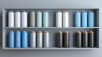 Collection of various colored cylindrical batteries neatly arranged on shelves, showcasing range of energy storage options. image highlights diversity in battery design and color