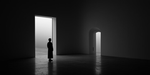 Obraz premium black and white minimalist photo with a black and white background, door to the light