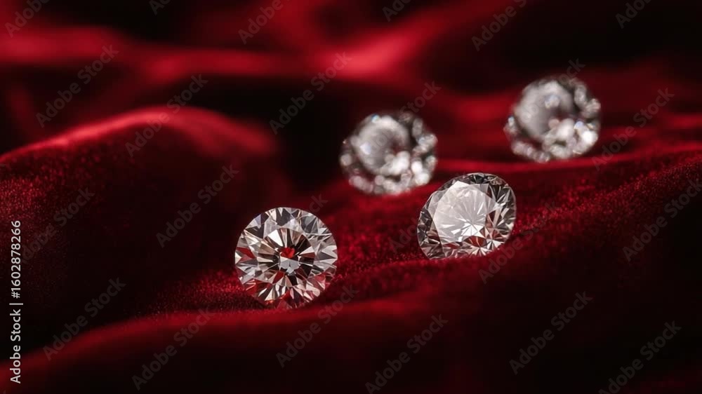 Aufkleber sparkling round diamonds on luxurious red velvet fabric with soft shadows and gleaming reflections 4