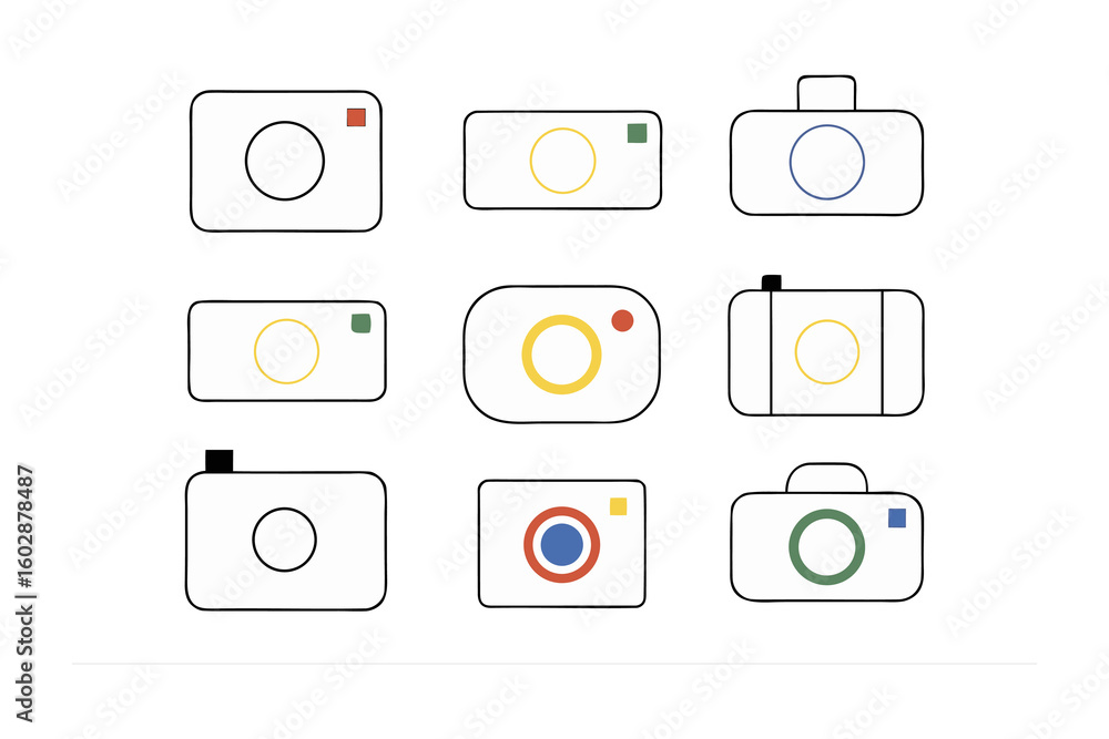 Poster a collection of nine stylized camera icons featuring simple line art and minimalist designs on a whi