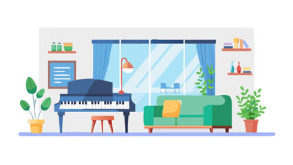 Illustration of living room interior with piano sofa plants and decor for home design and decoration ideas