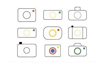 A collection of nine stylized camera icons featuring simple line art and minimalist designs on a white background