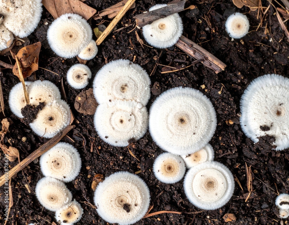 Poster cluster of white small mushrooms growing in dark soil close up macro view