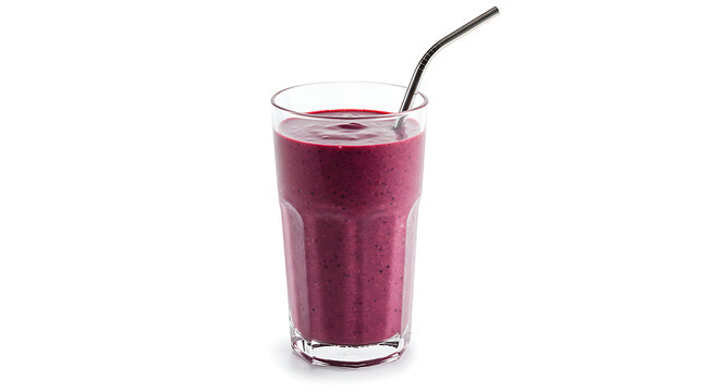 A tall glass of Saskatoon berry smoothie with a metal straw, rich purple color, and smooth texture, isolated on white background