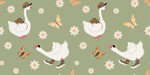 Funny white geese with fashionable leopard sneakers, sunglasses, baseball cap and backpack on a warm green background. Seamless vector pattern for kids textiles, nursery decor, or spring designs.