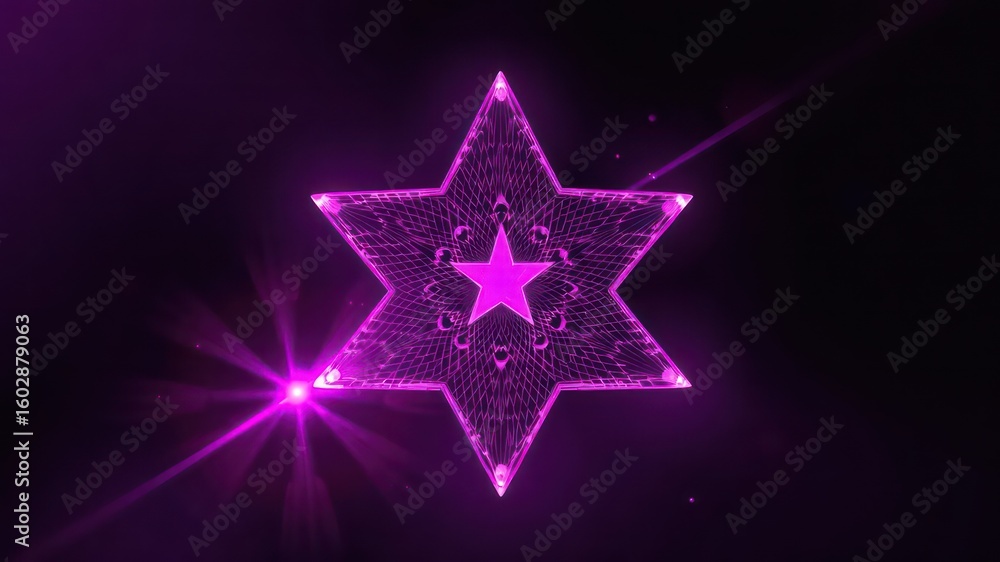 Poster abstract geometrical star with interconnected lines and a central star emitting an intense violet ra