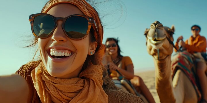 Four people enjoying camel rides with desert backdrop