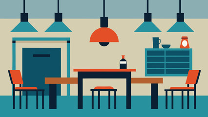 Modern dining area with table chairs and cabinet in flat design style