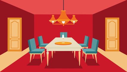 Modern dining room with red walls chandelier table and chairs