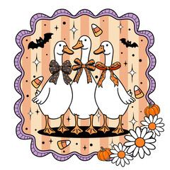 Cute geese with ribbon bow on frame for Halloween decoration 