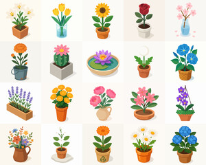 Isometric Pixel Art Detailed Flower Arrangement Potted Plant Illustration