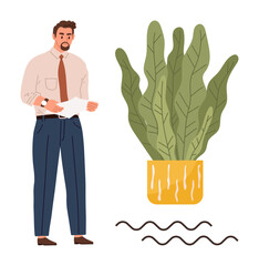 Man reviewing paper, wearing office attire near a decorative plant in a yellow pot with wavy accents. Ideal for workplace productivity, professional decor, mindfulness, eco-friendly themes, balance