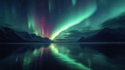 Northern lights dancing above a serene lake at midnight. The vibrant green auroras contrast with the still waters below.