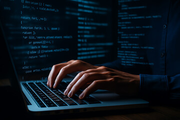 Programmer writing complex code on laptop in low-light environment with illuminated syntax highlighting for software development and backend engineering