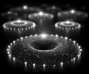 the image features several luminous circular objects with dark centers on a dark surface
