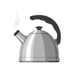 Vector Illustration of a Steaming Silver Kettle with Black Handle