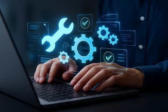 IT technician using digital interface for system configuration and maintenance with glowing gear icons and tools representing tech support operations
