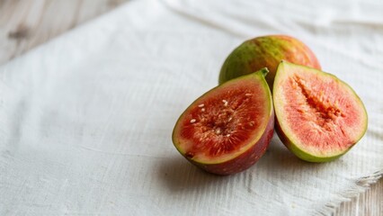 Food planning low carbon concept. Freshly cut figs on a textured cloth background, showcasing vibrant colors and rich texture.