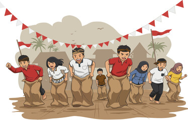 Perlombaan "Balap Karung" (sack race) for Indonesian Independence Day.