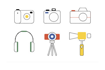 Fototapeta premium Modern digital gadgets collection featuring cameras headphones and selfie sticks for content creation and photography