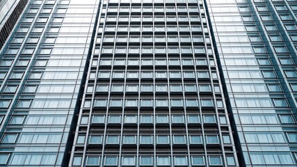 High rise architecture with glass and steel reflecting an overcast sky creates a geometric pattern