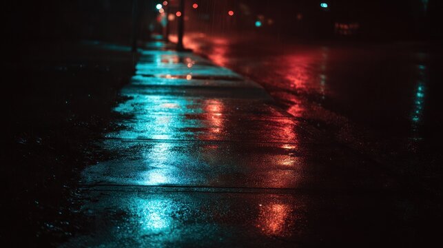 Red and blue light trails on wet pavement, creating a moody urban landscape.