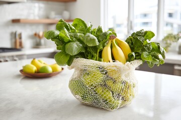 Fresh fruits and greens in reusable mesh bag on kitchen counter