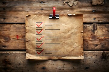 A crumpled piece of old paper with a completed checklist, marked with red ticks, attached to a wooden surface