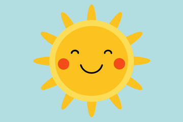 Cheerful smiling sun with red cheeks against a light blue sky background