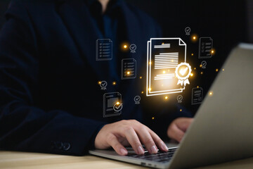 Checklist business performance monitoring concept, Businessman shows icon in of front laptop. Approved and quality assurance, checklist quality, high business quality excellence.