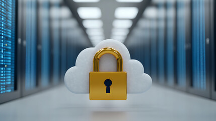 A symbolic representation of data security in cloud computing, featuring a cloud shape with a gold lock overlaid on it. Servers blurred in the background.