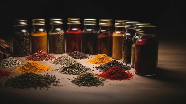 Colorful Spices in Jars and Piles on Table