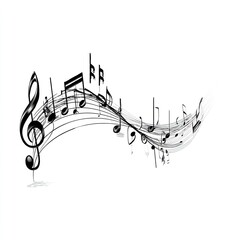 A flowing wave of musical notes and a treble clef, rendered in black and white, creating a dynamic and elegant musical design