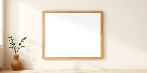 Empty frame mockup on beige wall, minimalist interior, plant in vase,  plant,  vase