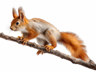 Curious squirrel with bushy tail perched on a branch, ready for action and exploration