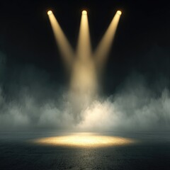 Three spotlights illuminate a smoky, dark stage floor, creating a dramatic, mysterious atmosphere