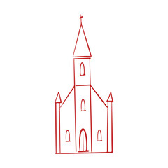 Church for the wedding. Simple linear hand drawn doodle illustration in red. Church vector icon