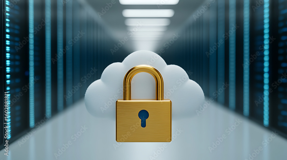Poster cloud security: golden padlock securing data in a server room, highlighting the protection of inform