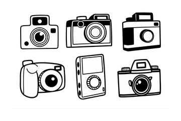 Collection of six hand drawn vintage and modern camera illustrations in a simple black and white sketch style