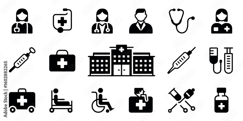 Aufkleber monochrome flat vector icon set with various design elements and symbols
