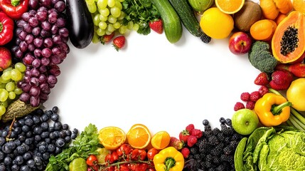Vibrant colorful assortment of fresh fruits and vegetables arranged in a circular pattern with empty white space in the center
