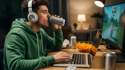 A young man wearing headphones drinks from a can while playing a video game on his laptop and computer - Powered by Adobe